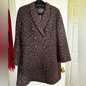 Ann Taylor Brown Leopard Print Double-Breasted Pea Coat